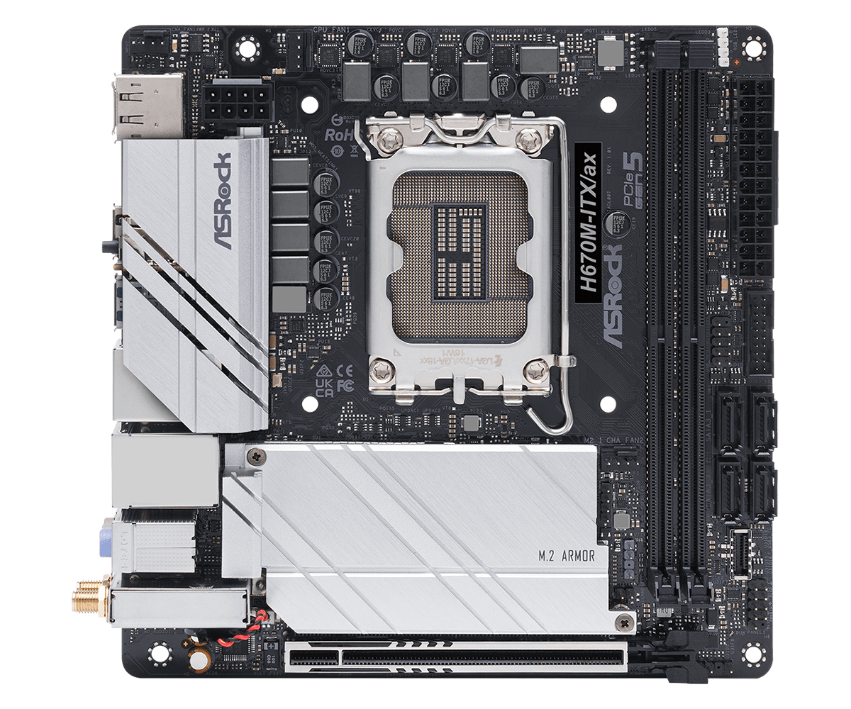 Купить ASRock H670M-ITX/ax - Motherboard - Mini-ITX - LGA1700-Sockel - H670 Chipsatz - USB-C Gen1, USB 3.2 Gen 1, USB 3.2 Gen 2, USB-C Gen 2x2 - Bluetooth, Gigabit LAN, 2.5 Gigabit LAN, Wi-Fi - Onboard-Grafik (CPU erforderlich) (90-MXBHZ0-A0UAYZ) в магазине wardena.ru