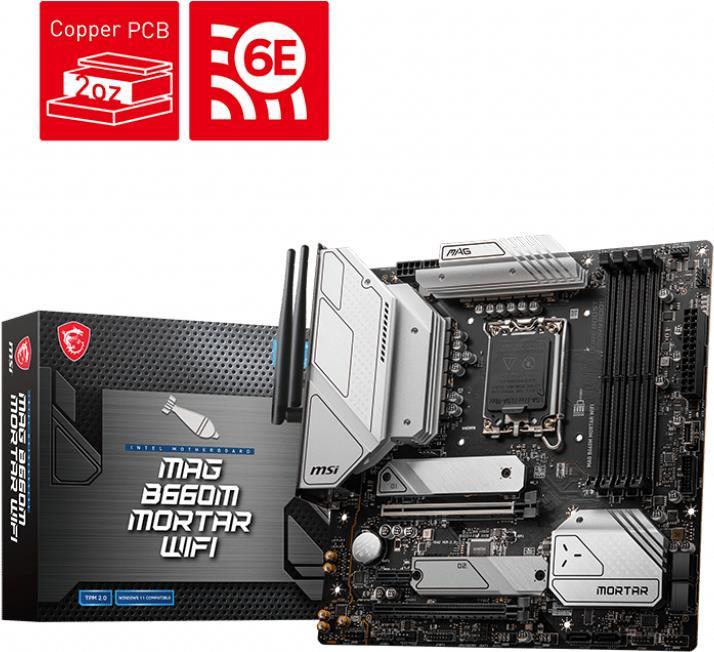 Купить MSI MAG B660M MORTAR WIFI - Motherboard - micro ATX - LGA1700-Sockel - B660 Chipsatz - USB-C Gen2, USB 3.2 Gen 1, USB 3.2 Gen 2, USB-C Gen 2x2 - 2.5 Gigabit LAN, Wi-Fi, Bluetooth - Onboard-Grafik (CPU erforderlich) - HD (7D42-002R) в магазине wardena.ru
