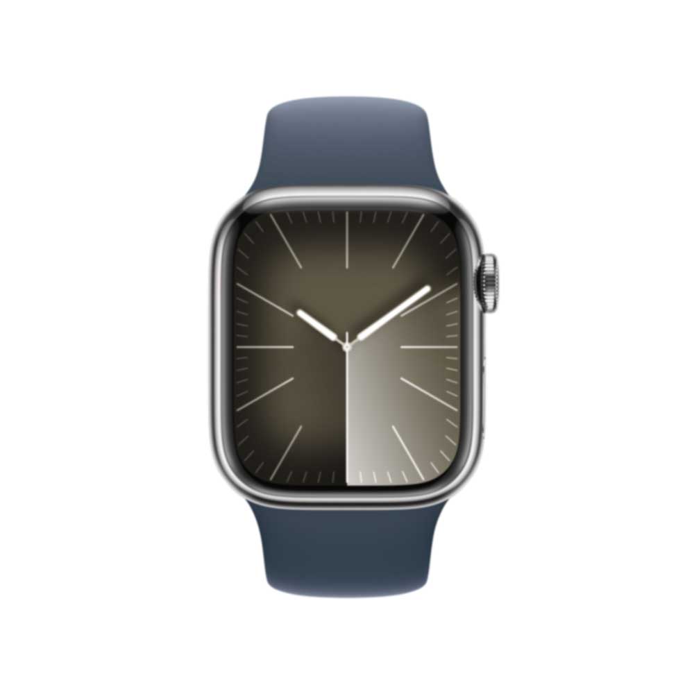 Купить APPLE Watch Series 9 GPS + Cellular 41mm Silver Stainless Steel Case with Storm Blue Sport Band - S/M (MRJ23QF/A) в магазине wardena.ru