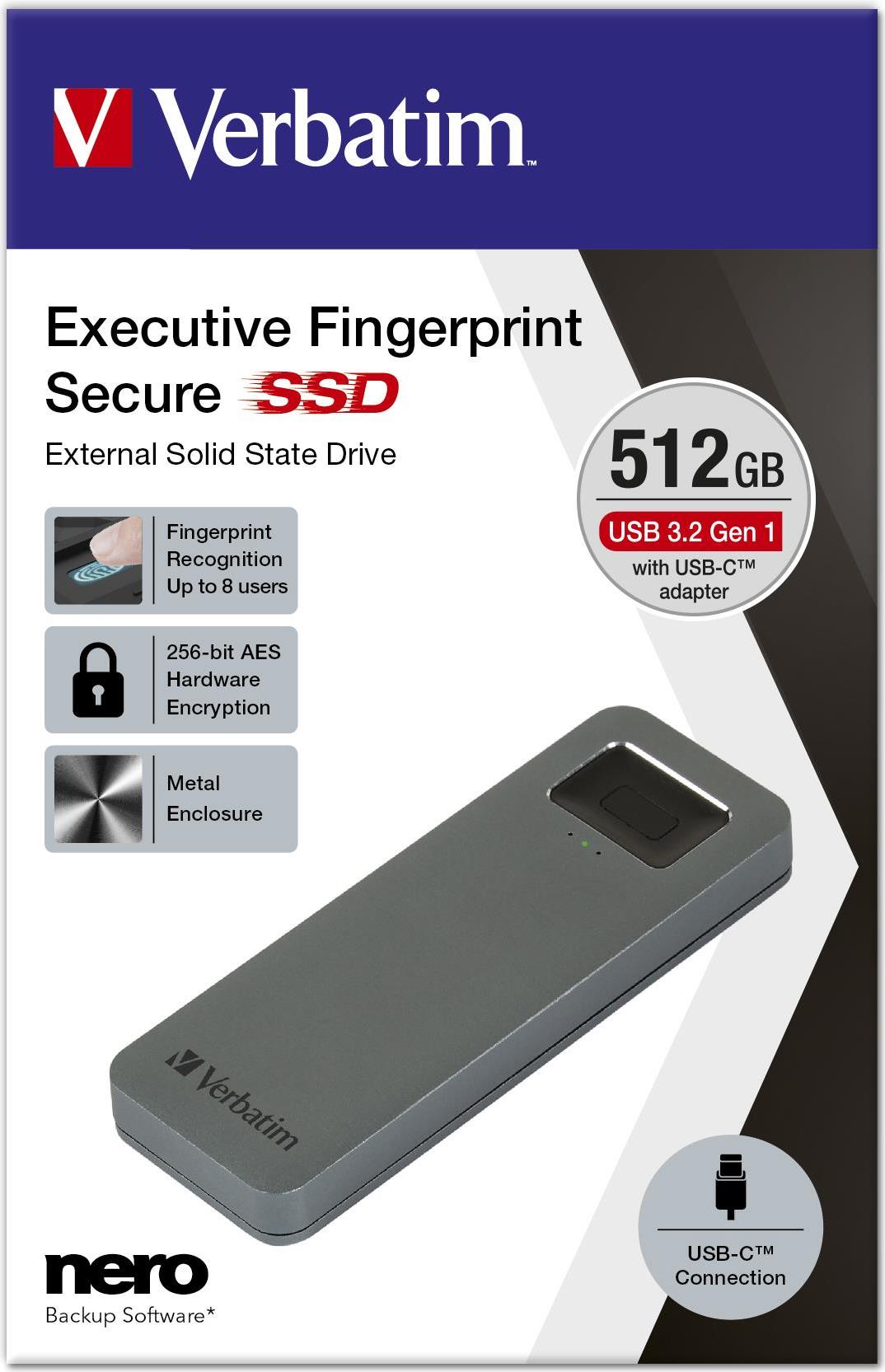 Купить Verbatim Executive Fingerprint Secure - SSD - verschlüsselt - 512GB - extern (tragbar) - USB 3,2 Gen 1 (USB-C Steckverbinder) - 256-Bit-AES (53656) в магазине wardena.ru