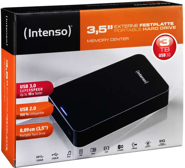 Купить Intenso Memory Center - Festplatte - 3TB - extern - 8,9 cm (3.5") - SuperSpeed USB3.0 - 5400 U/min - Puffer: 32MB - Schwarz (6031511) в магазине wardena.ru
