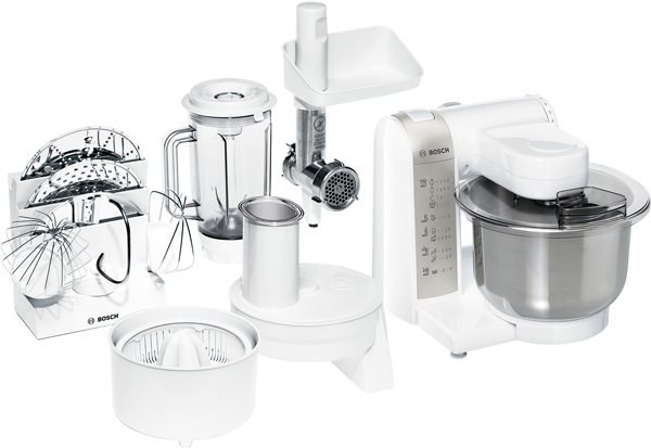 Купить Bosch MUM4880 Küchenmaschine MUM4 (600 Watt, Edelstahl-Rührschüssel, Durchlaufschnitzler, Mixeraufsatz Kunststoff, Fleischwolf, Zitruspresse, Rezept DVD) weiß в магазине wardena.ru