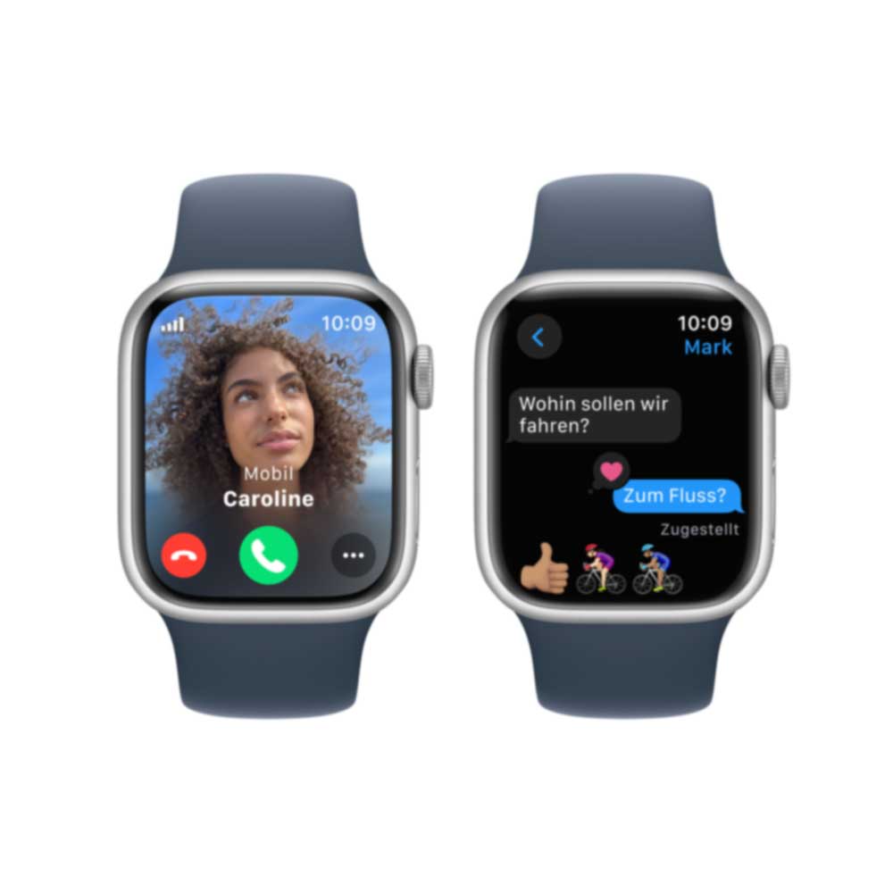 Купить APPLE Watch Series 9 GPS + Cellular 41mm Silver Aluminium Case with Storm Blue Sport Band - M/L (MRHW3QF/A) в магазине wardena.ru