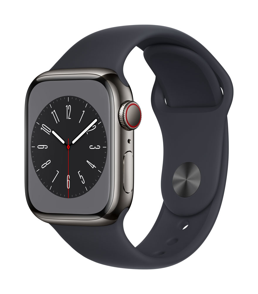 Купить Apple Watch Series 8 (GPS + Cellular) - 41 mm - Graphite Stainless Steel - intelligente Uhr mit Sportband - Flouroelastomer - Midnight - Bandgröße: regelmäßig - 32GB - Wi-Fi, LTE, Bluetooth, UWB - 4G - 42,3 g (MNJJ3FD/A) в магазине wardena.ru