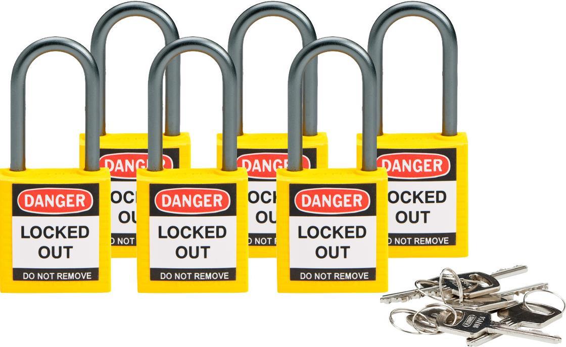 Купить Brady, kompaktes Sicherheitsschloss Nylon, Gelb, 38mm Bügelhöhe, 4,7mm Aluminium-Schließbügel (Keyed Different) (6er Pack) (814127) в магазине wardena.ru