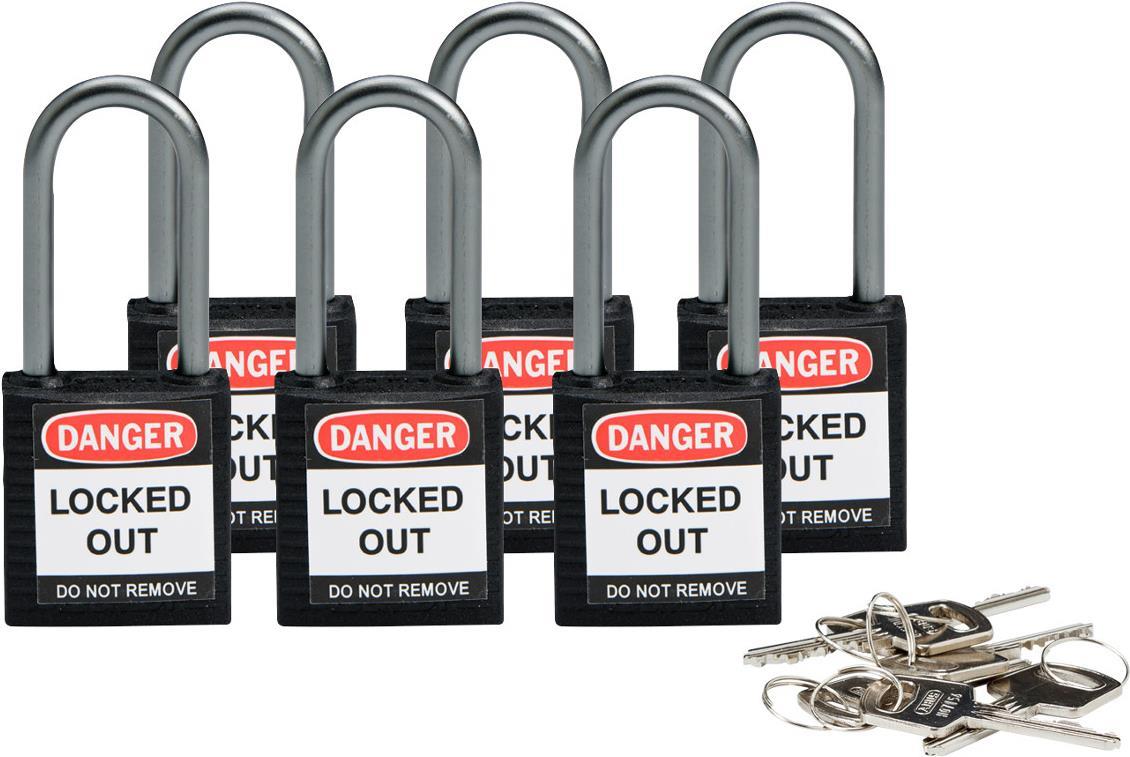 Купить Brady, kompaktes Sicherheitsschloss Nylon, Schwarz, 38mm Bügelhöhe, 4,7mm Aluminium-Schließbügel (Keyed Different) (6er Pack) (814125) в магазине wardena.ru