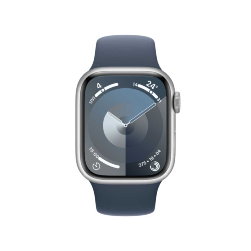 Купить APPLE Watch Series 9 GPS + Cellular 41mm Silver Aluminium Case with Storm Blue Sport Band - S/M (MRHV3QF/A) в магазине wardena.ru