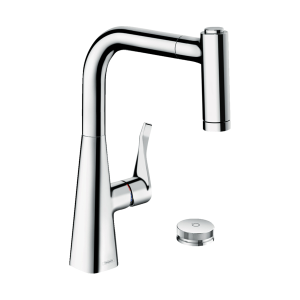 Купить Hansgrohe Metris Select M71 Кухонные смеситель на 2 отверстия однорычажный 220 с вытяжным душем 2jet sBox сталь 73805800 в магазине wardena.ru