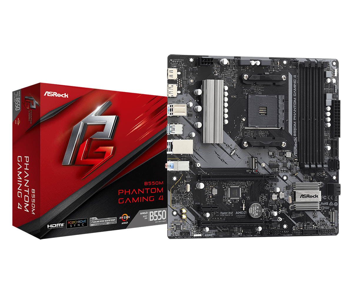 Купить ASRock B550M Phantom Gaming 4 - Motherboard - micro ATX - Socket AM4 - AMD B550 - USB 3,2 Gen 1 - Gigabit LAN - Onboard-Grafik (CPU erforderlich) - HD Audio (8-Kanal) (90-MXBE90-A0UAYZ) в магазине wardena.ru