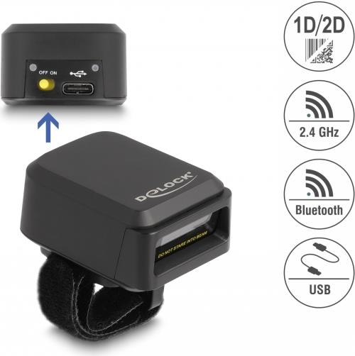 Купить DeLOCK Ringbarcode Scanner 1D und 2D mit 2,4 GHz oder Bluetooth - Tragbares Barcodelesegerät - 1D/2D - CMOS - Codabar - Code 128 - Code 39 - EAN-13 - EAN-8 - ISBN - Interleaved 2 of 5 - PDF417 - Datenmatrix - Micro QR Co (90607) в магазине wardena.ru