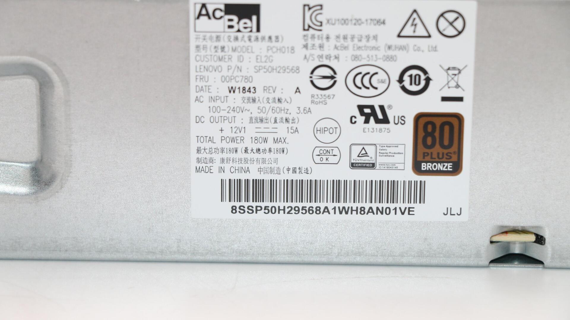 Купить Lenovo 00PC780 - 180 W - 100 - 240 V - 50/60 Hz - 3.6 A - PC - 80 PLUS Bronze (00PC780) в магазине wardena.ru