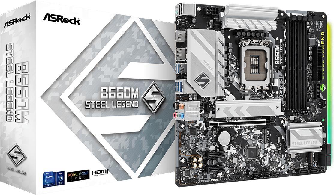 Купить ASRock B660M Steel Legend - Motherboard - micro ATX - LGA1700-Sockel - B660 Chipsatz - USB 3.2 Gen 1, USB-C Gen 2x2 - 2.5 Gigabit LAN - Onboard-Grafik (CPU erforderlich) - HD Audio (8-Kanal) (90-MXBH30-A0UAYZ) в магазине wardena.ru