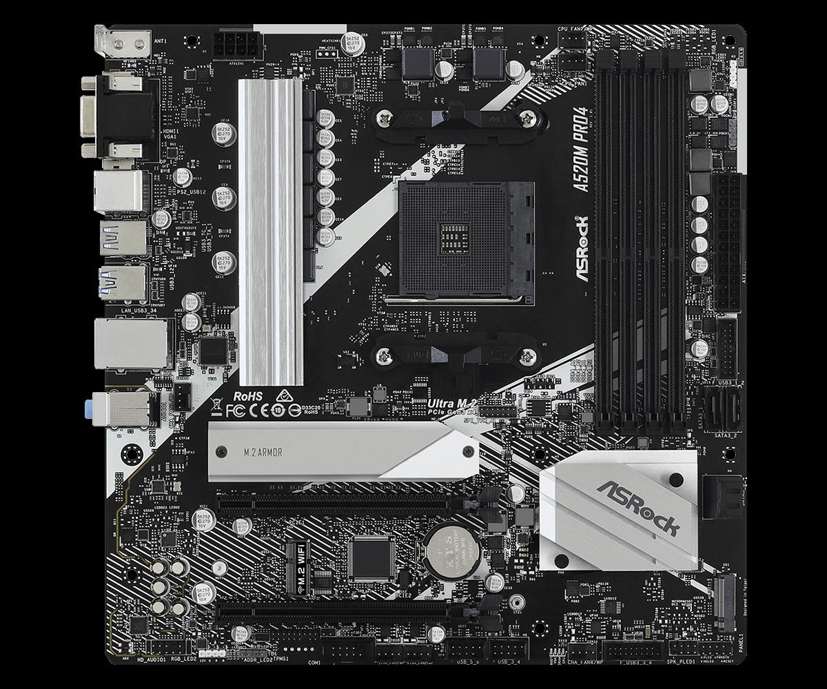 Купить ASRock A520M Pro4 - Motherboard - micro ATX - Socket AM4 - AMD A520 - USB-C Gen1, USB 3.2 Gen 1 - Gigabit LAN - Onboard-Grafik (CPU erforderlich) - HD Audio (8-Kanal) (90-MXBDU0-A0UAYZ) в магазине wardena.ru