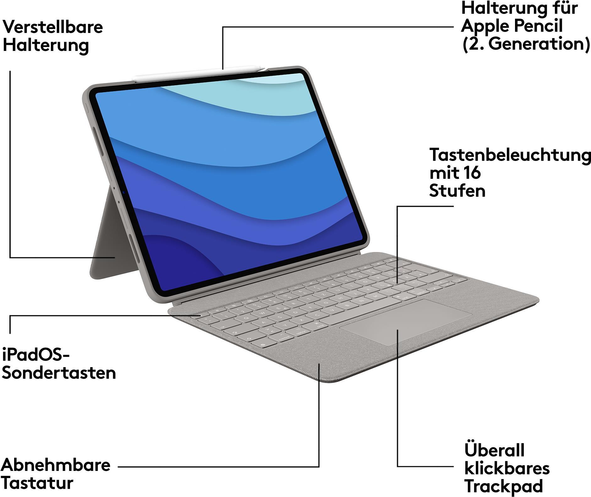 Купить Logitech Combo Touch - Tastatur und Foliohülle - mit Trackpad - hintergrundbeleuchtet - Apple Smart connector - QWERTY - GB - Sand - für Apple 12.9"  iPad Pro (5. Generation) (920-010222) в магазине wardena.ru