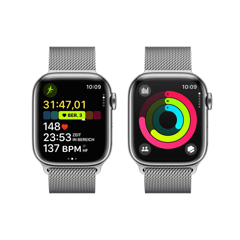 Купить APPLE Watch Series 9 GPS + Cellular 41mm Silver Stainless Steel Case with Silver Milanese Loop (MRJ43QF/A) в магазине wardena.ru