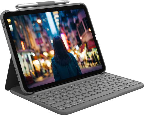 Купить Logitech Slim Folio - Tastatur und Foliohülle - kabellos - Bluetooth LE - QWERTZ - Deutsch - Oxford Gray (920-011423) в магазине wardena.ru