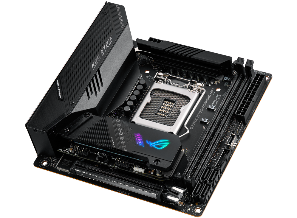 Купить ASUS ROG STRIX Z590-I GAMING WIFI - Motherboard - Mini-ITX - LGA1200-Sockel - Z590 - USB-C Gen2, USB 3.2 Gen 1, USB 3.2 Gen 2, USB-C Gen 2x2 - 2.5 Gigabit LAN, Wi-Fi - Onboard-Grafik (CPU erforderlich) - HD Audio (8-Kana (90MB1680-M0EAY0) в магазине wardena.ru