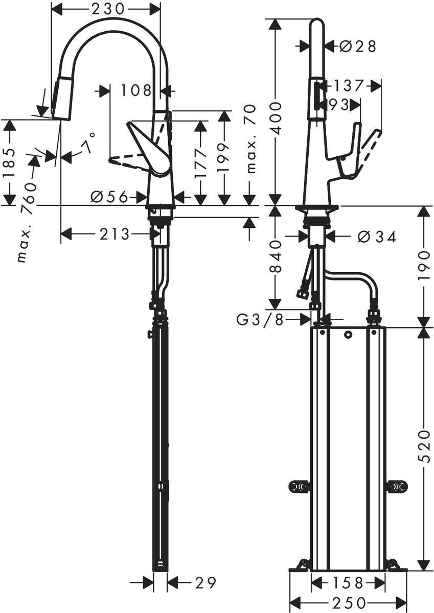 Купить Hansgrohe Talis M51 Кухонный смеситель однорычажный 200 с вытяжным душем 2jet сталь 73851800 в магазине wardena.ru