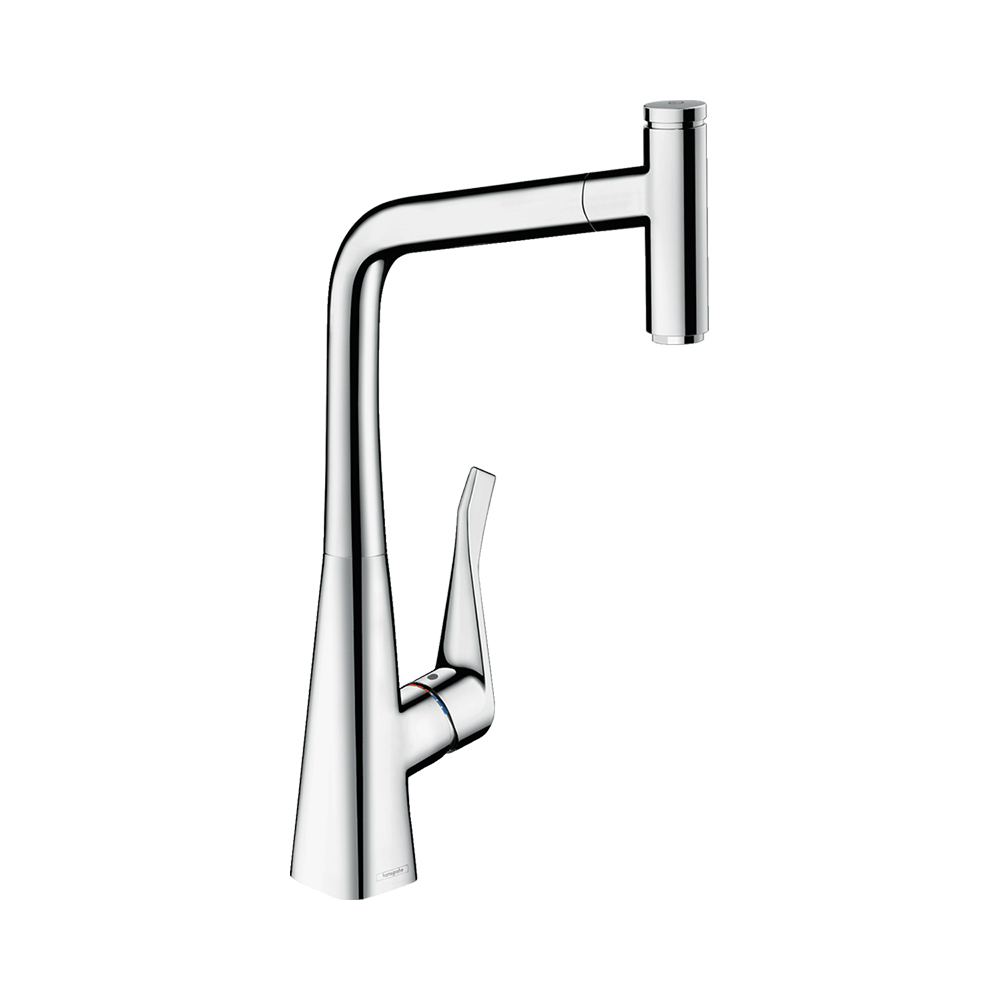 Купить Hansgrohe Metris Select M71 Кухонный смеситель однорычажный 320 с вытяжным изливом 1jet sBox сталь 73803800 в магазине wardena.ru