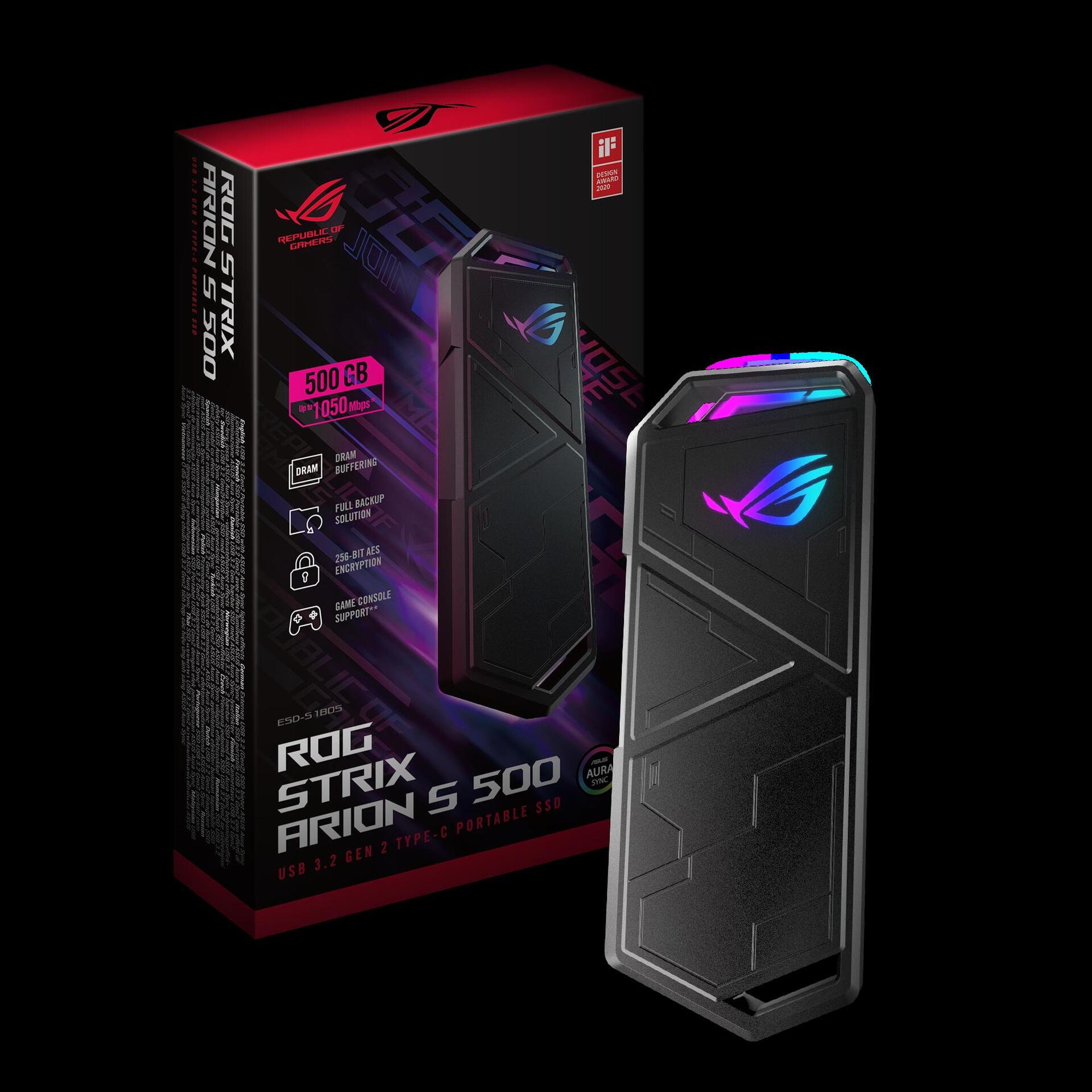 Купить ASUS ROG Strix Arion S500 - SSD - verschlüsselt - 500GB - extern (tragbar) - M.2 NVMe (M.2 NVMe) - USB 3,2 Gen 2 - 256-Bit-AES - Schwarz (90DD02I0-M09000) в магазине wardena.ru