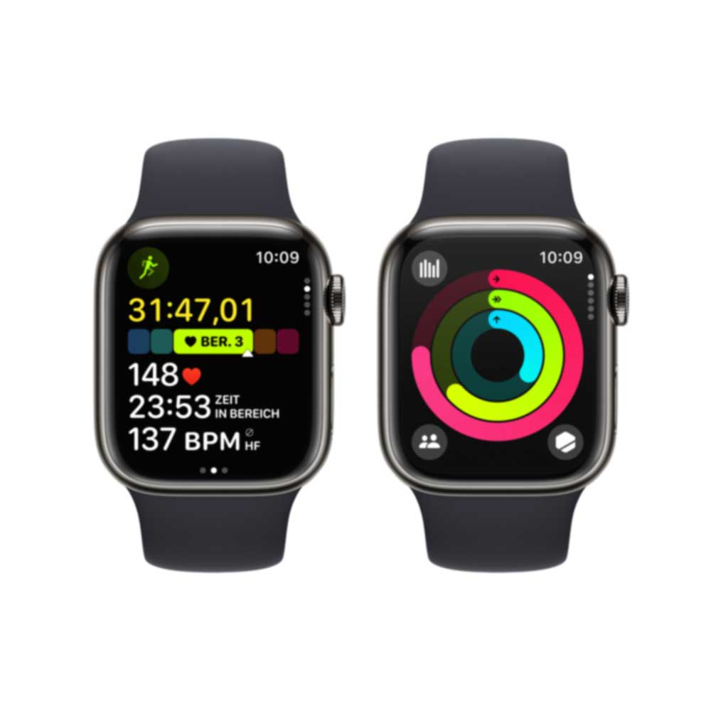 Купить APPLE Watch Series 9 GPS + Cellular 41mm Graphite Stainless Steel Case with Midnight Sport Band - S/M (MRJ83QF/A) в магазине wardena.ru