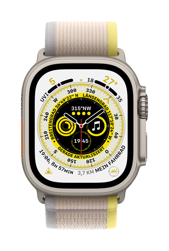 Купить Apple Watch Ultra - 49 mm - Titan - intelligente Uhr mit Trail Loop - soft double-layer nylon - yellow/beige - Bandgröße: M/L - 32 GB - Wi-Fi, LTE, UWB, Bluetooth - 4G - 61.3 g (MQFU3FD/A) в магазине wardena.ru