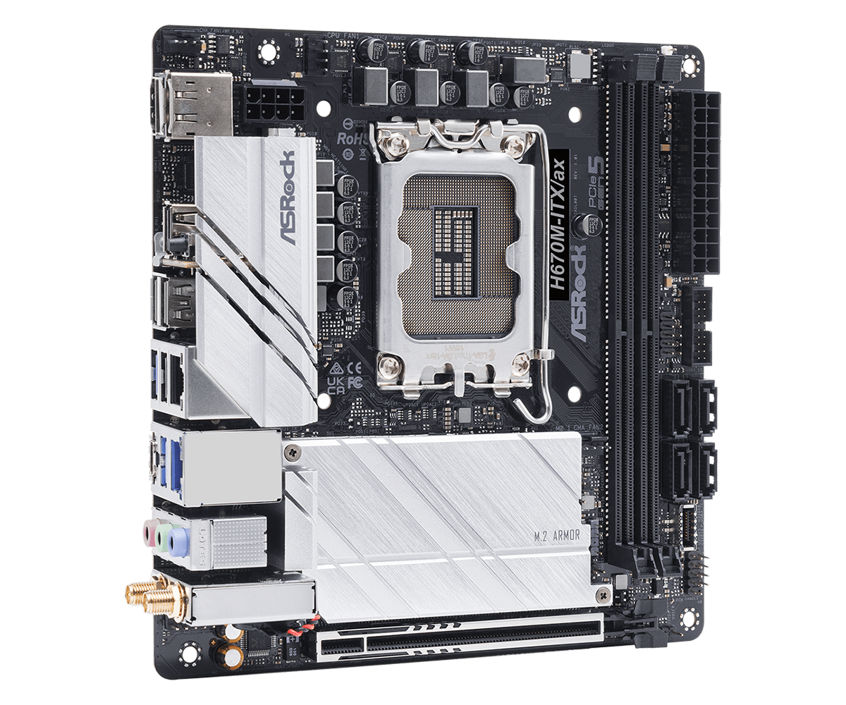Купить ASRock H670M-ITX/ax - Motherboard - Mini-ITX - LGA1700-Sockel - H670 Chipsatz - USB-C Gen1, USB 3.2 Gen 1, USB 3.2 Gen 2, USB-C Gen 2x2 - Bluetooth, Gigabit LAN, 2.5 Gigabit LAN, Wi-Fi - Onboard-Grafik (CPU erforderlich) (90-MXBHZ0-A0UAYZ) в магазине wardena.ru