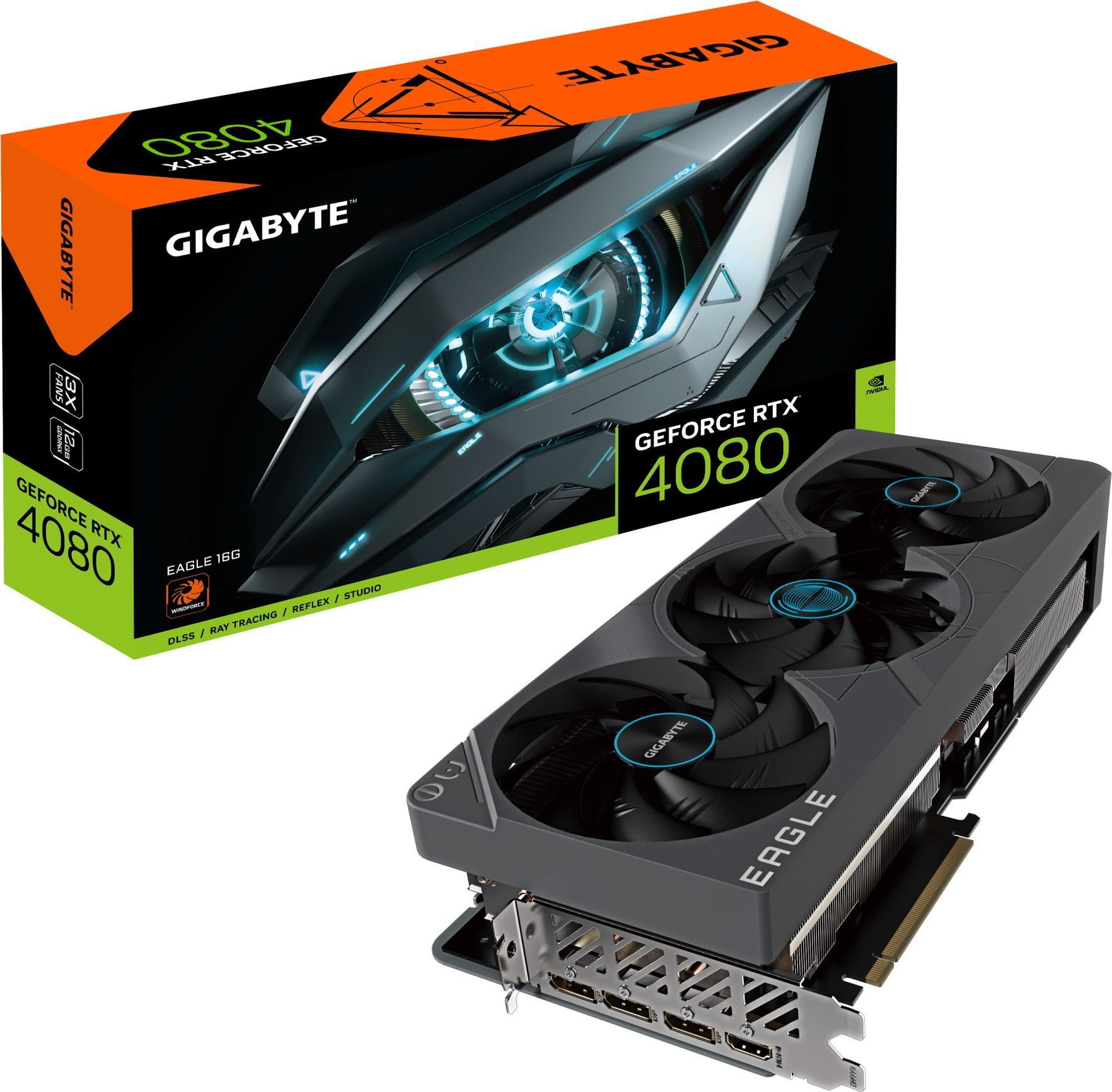 Купить Gigabyte GeForce RTX 4080 EAGLE - Grafikkarten - GeForce RTX 4080 - 16GB GDDR6X - PCIe 4,0 x16 - HDMI, 3 x DisplayPort (GV-N4080EAGLE-16GD) в магазине wardena.ru