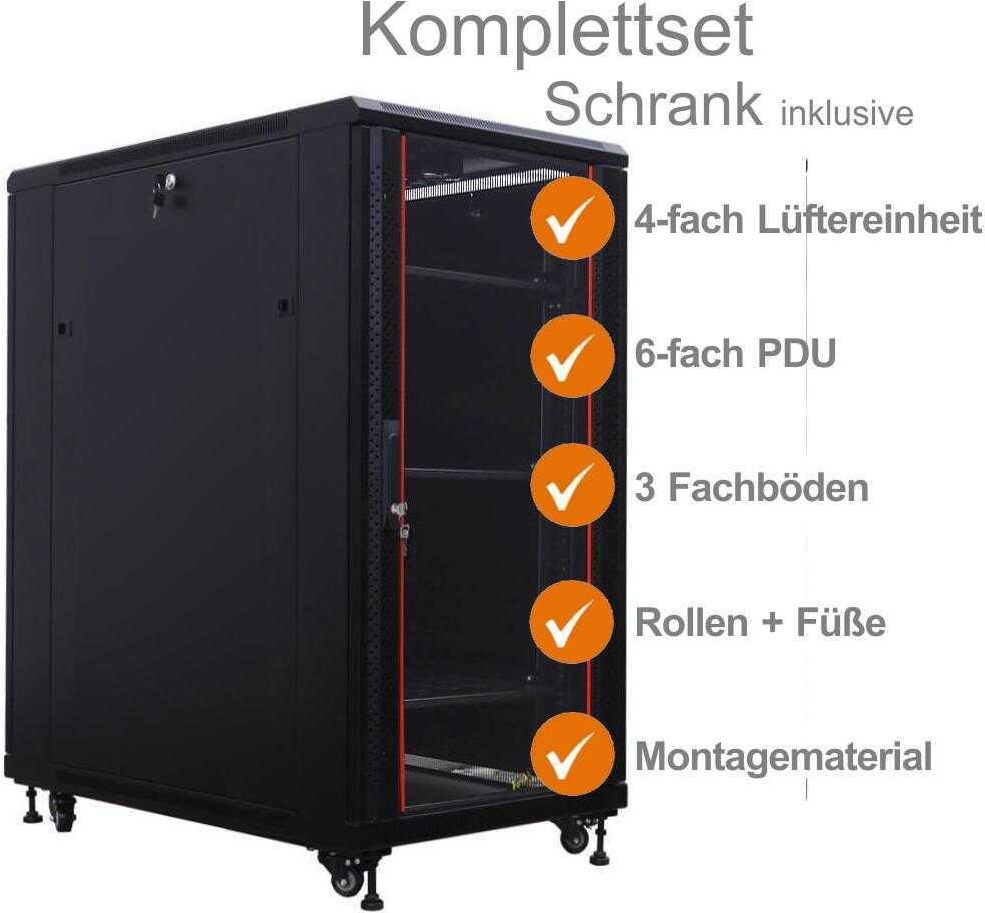 Купить IT-BUDGET 19"-Netzwerkschrank SRK - Komplettset - 27 HE - BxT 600x800 mm - Sicht-/Vollblechtür - 4 Aktiv-Lüfter - PDU - Fachböden - Flatpack - schwarz (90ITB19SRK2768GS) в магазине wardena.ru