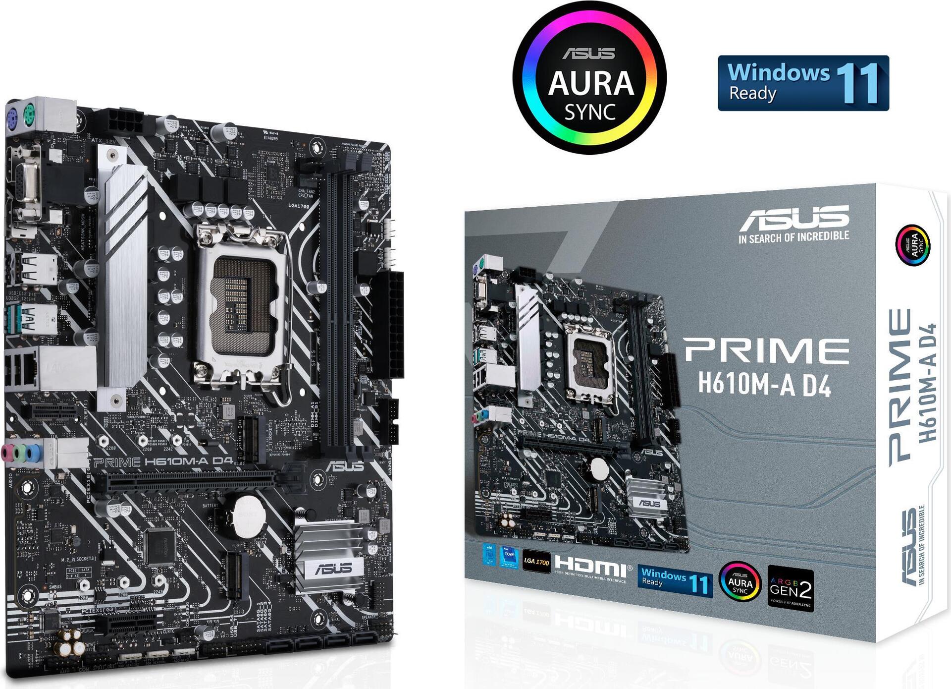 Купить ASUS PRIME H610M-A D4 - Motherboard - micro ATX - LGA1700-Sockel - H610 Chipsatz - USB 3,2 Gen 1, USB 3,2 Gen 2 - Gigabit LAN - Onboard-Grafik (CPU erforderlich) - HD Audio (8-Kanal) (90MB19P0-M0EAY0) в магазине wardena.ru