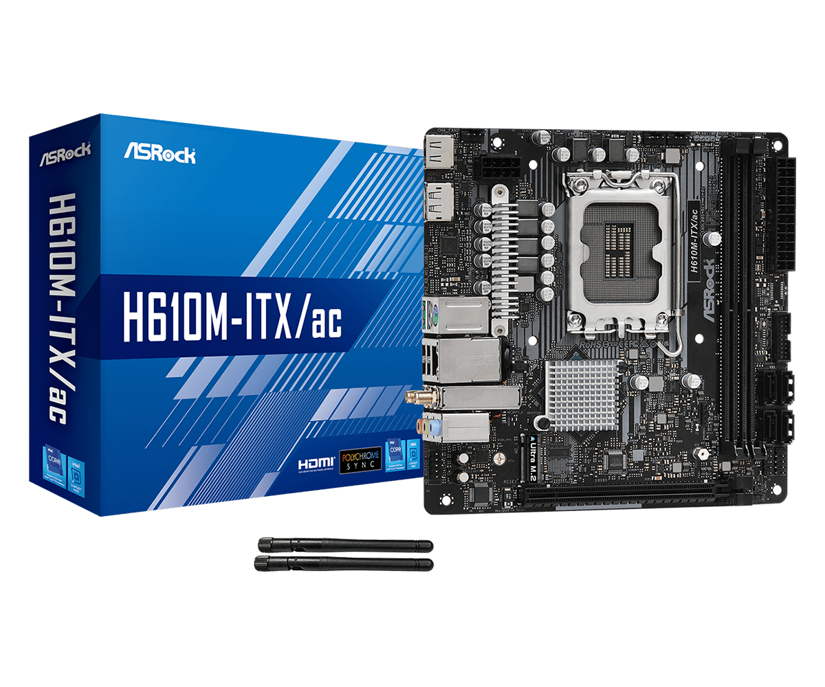 Купить ASRock H610M-ITX/ac - Motherboard - Mini-ITX - LGA1700-Sockel - H610 Chipsatz - USB 3.2 Gen 1 - Bluetooth, Gigabit LAN, Wi-Fi - Onboard-Grafik (CPU erforderlich) - HD Audio (8-Kanal) (90-MXBHL0-A0UAYZ) в магазине wardena.ru