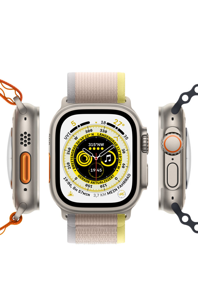 Купить Apple Watch Ultra - 49 mm - Titan - intelligente Uhr mit Trail Loop - soft double-layer nylon - yellow/beige - Bandgröße: S/M - 32 GB - Wi-Fi, LTE, UWB, Bluetooth - 4G - 61.3 g (MNHK3FD/A) в магазине wardena.ru