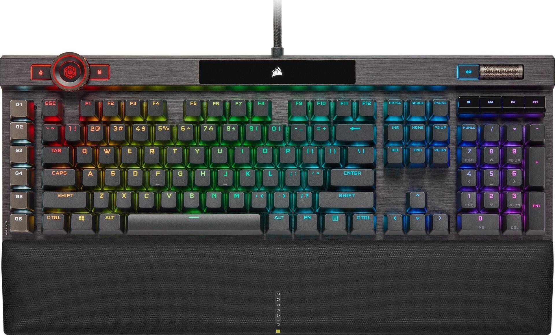 Купить Optische mechanische Gaming-Tastatur CORSAIR K100 RGB mit RGB-LED-Beleuchtung CORSAIR OPX RAPIDFIRE schwarze PBT-Tastenkappen (CH-912A01A-NA) в магазине wardena.ru