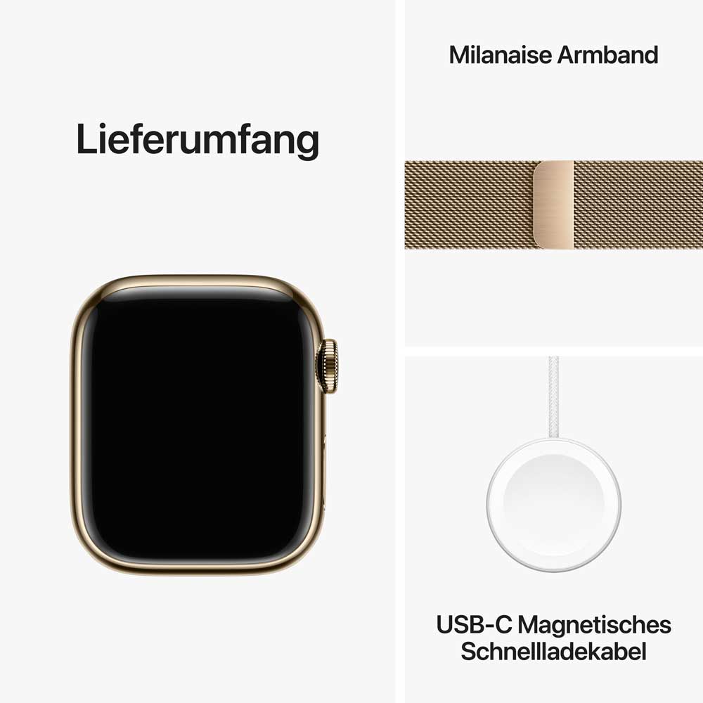 Купить APPLE Watch Series 9 GPS + Cellular 41mm Gold Stainless Steel Case with Gold Milanese Loop (MRJ73QF/A) в магазине wardena.ru