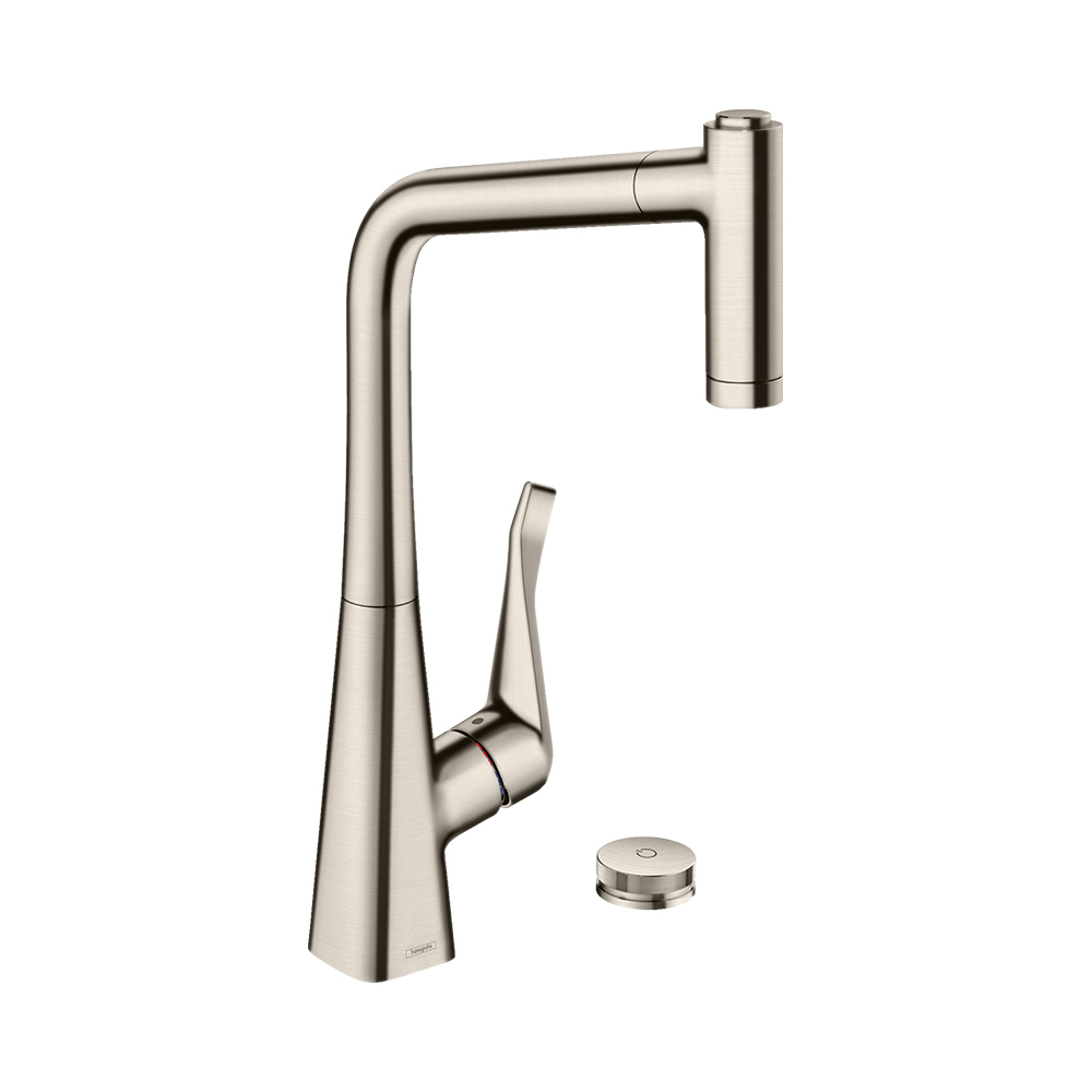 Купить Hansgrohe Metris Select M71 Кухонные смеситель на 2 отверстия однорычажный 320 с вытяжным душем 2jet sBox сталь 73806800 в магазине wardena.ru