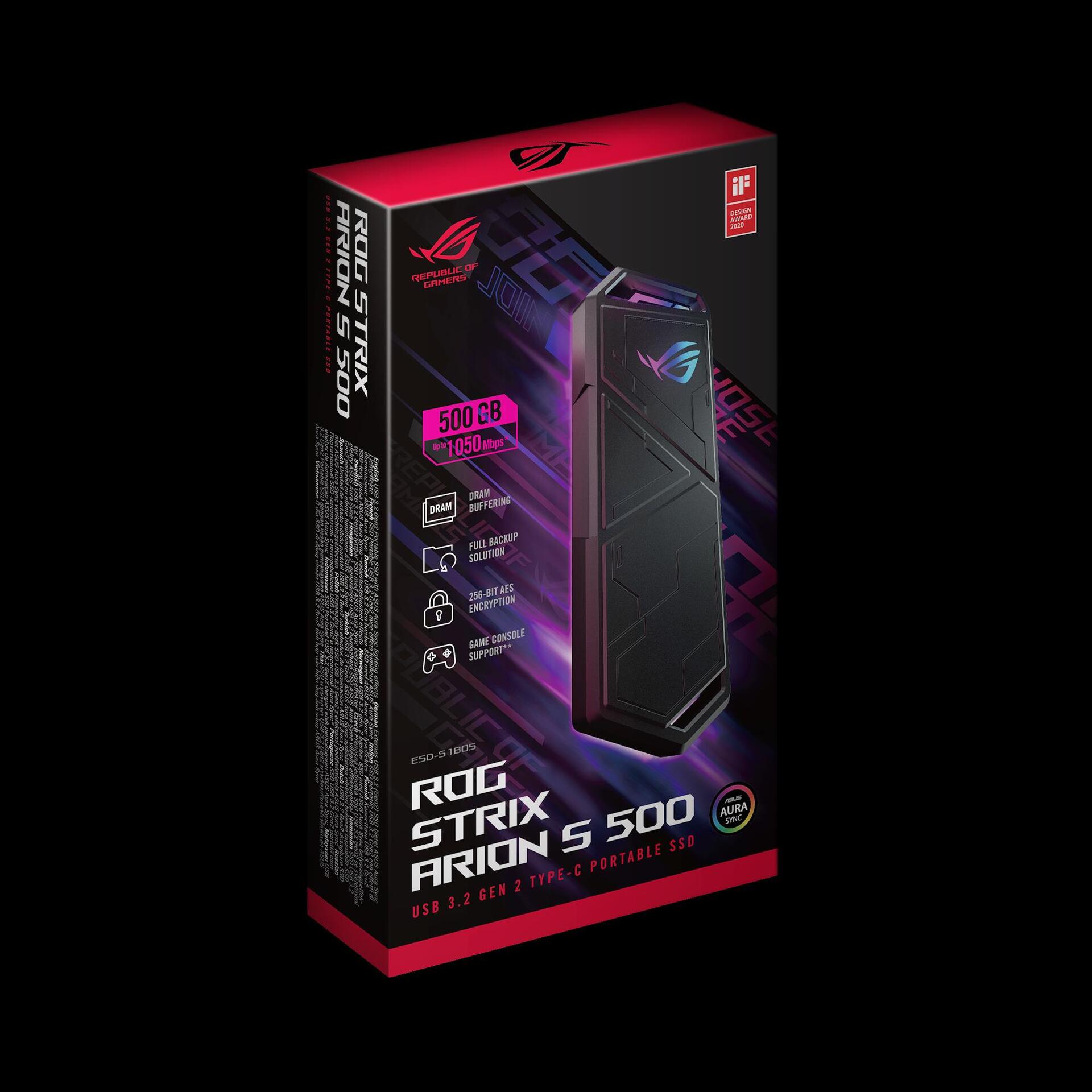 Купить ASUS ROG Strix Arion S500 - SSD - verschlüsselt - 500GB - extern (tragbar) - M.2 NVMe (M.2 NVMe) - USB 3,2 Gen 2 - 256-Bit-AES - Schwarz (90DD02I0-M09000) в магазине wardena.ru