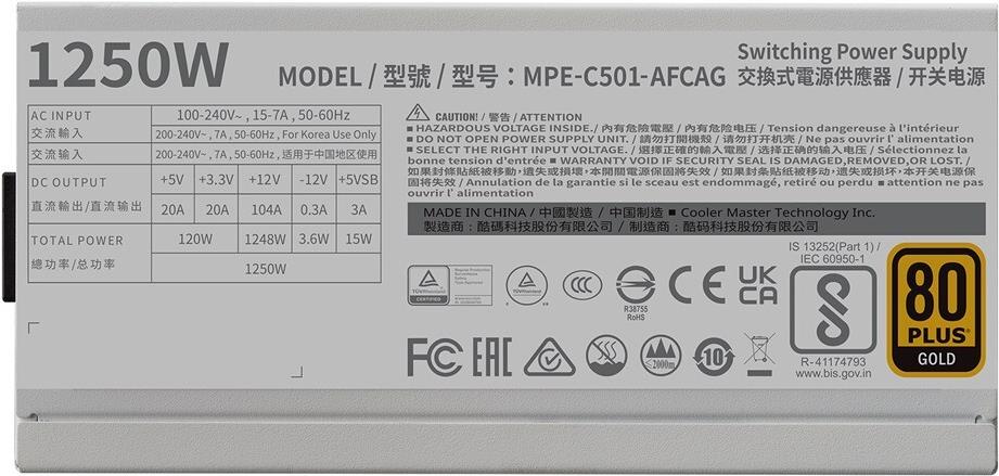 Купить Cooler Master MWE Gold 1250 - V2 ATX 3.0 White Version Netzteil 1250 W 24-pin ATX Weiß (MPE-C501-AFCAG-3GEU) в магазине wardena.ru