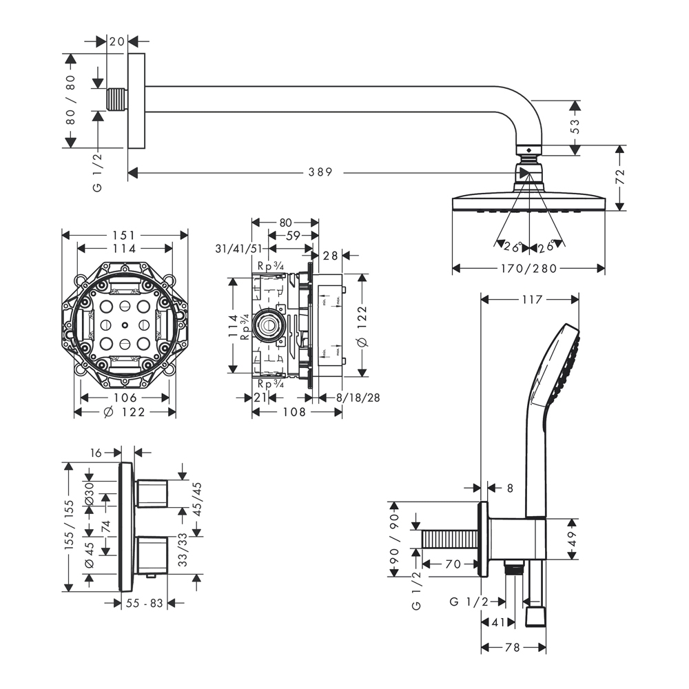 Купить Hansgrohe Croma E Душевая система скрытого монтажа 280 1jet с Ecostat E хром 27953000 в магазине wardena.ru