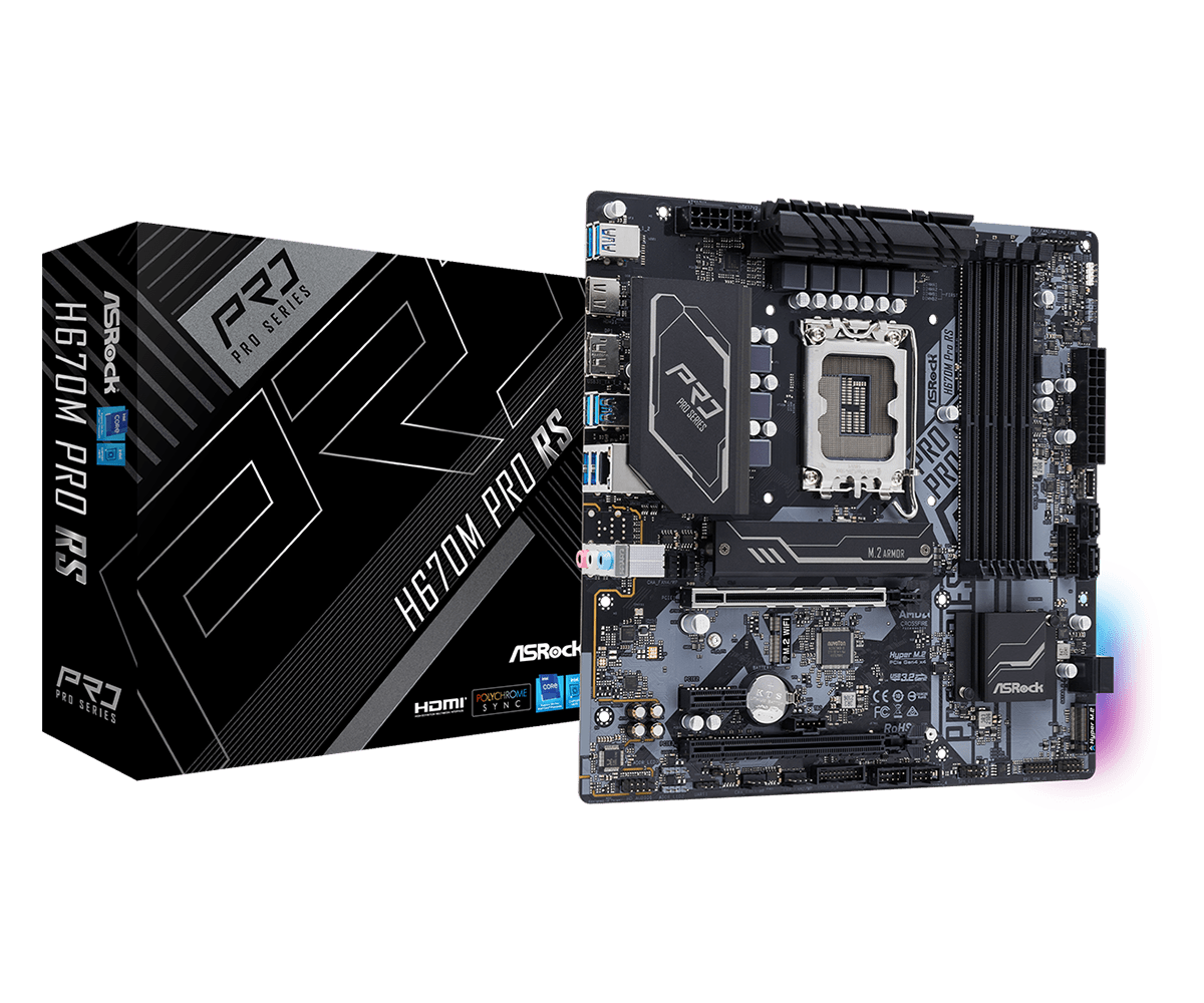 Купить ASRock H670M Pro RS - Motherboard - micro ATX - LGA1700-Sockel - H670 Chipsatz - USB-C Gen1, USB 3.2 Gen 1, USB 3.2 Gen 2 - Gigabit LAN - Onboard-Grafik (CPU erforderlich) - HD Audio (8-Kanal) (90-MXBHK0-A0UAYZ) в магазине wardena.ru