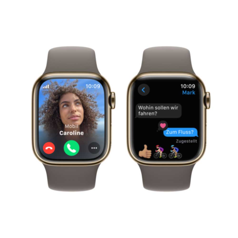 Купить APPLE Watch Series 9 GPS + Cellular 41mm Gold Stainless Steel Case with Clay Sport Band - S/M (MRJ53QF/A) в магазине wardena.ru