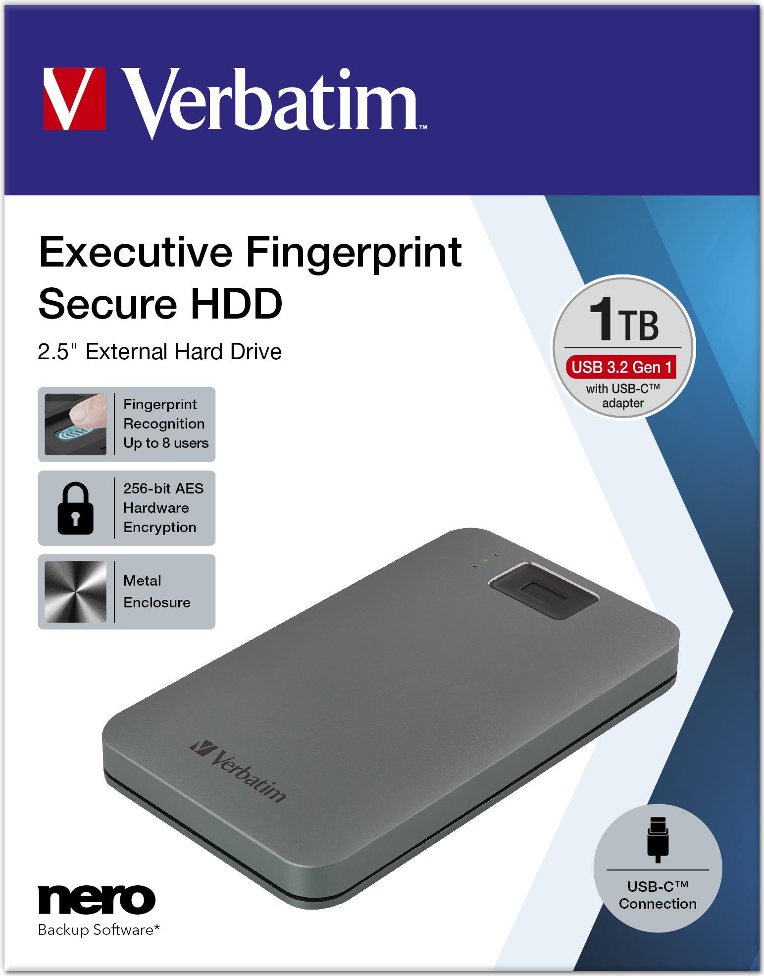 Купить Verbatim Executive Fingerprint Secure - Festplatte - verschlüsselt - 1TB - extern (tragbar) - USB 3,2 Gen 1 (USB-C Steckverbinder) - 256-Bit-AES (53652) в магазине wardena.ru