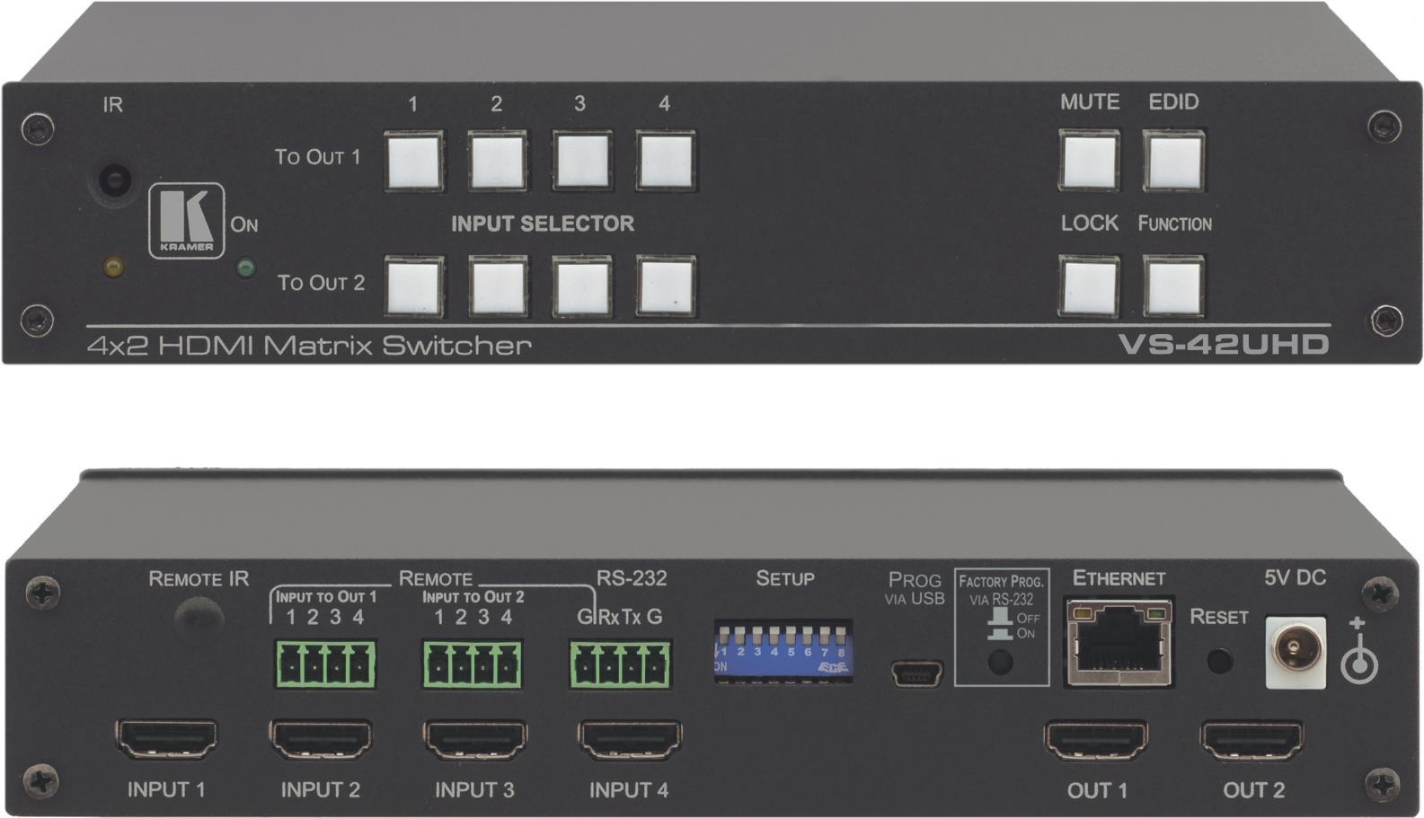 Купить Kramer VS-42UHD 4x2 4K60 4:2:0 HDMI Automatic Matrix Switcher - Video/Audio-Schalter - Desktop, an Rack montierbar (20-801220190) в магазине wardena.ru