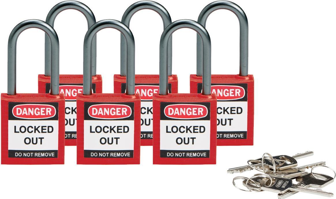 Купить Brady, kompaktes Sicherheitsschloss Nylon, Rot, 38mm Bügelhöhe, 4,7mm Aluminium-Schließbügel (Keyed Different) (6er Pack) (814126) в магазине wardena.ru