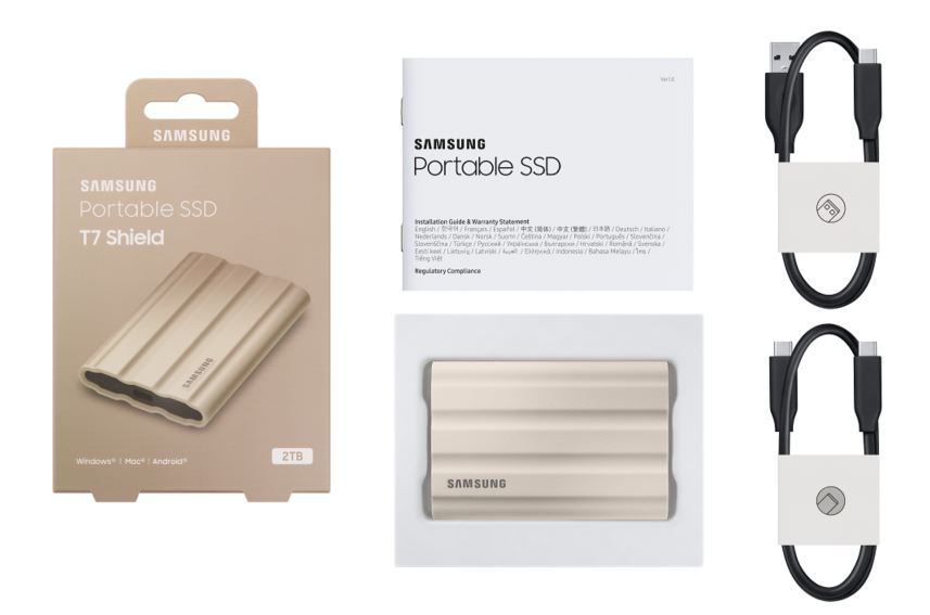 Купить Samsung T7 Shield MU-PE2T0K - SSD - verschlüsselt - 2TB - extern (tragbar) - USB 3,2 Gen 2 (USB-C Steckverbinder) - 256-Bit-AES - beige (MU-PE2T0K/EU) в магазине wardena.ru