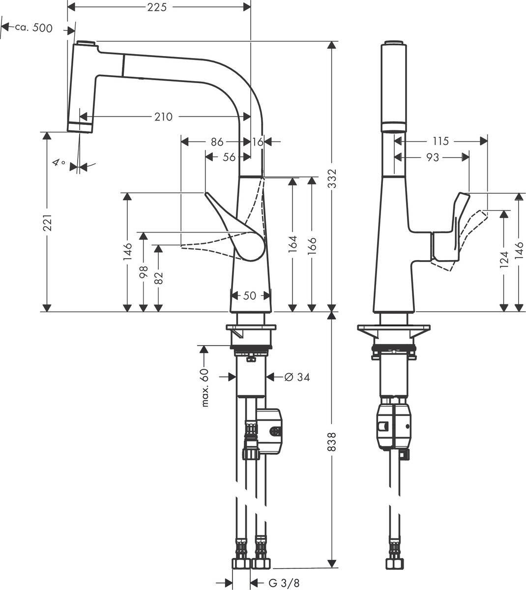 Купить Hansgrohe Metris M71 Кухонный смеситель однорычажный 220 с вытяжным душем 2jet сталь 14834800 в магазине wardena.ru
