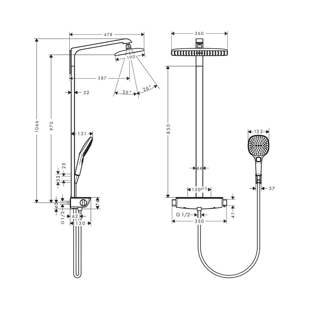 Купить Hansgrohe Raindance E Showerpipe 360 1jet EcoSmart 9 л/мин с термостатом хром-белый матовый 27286400 в магазине wardena.ru