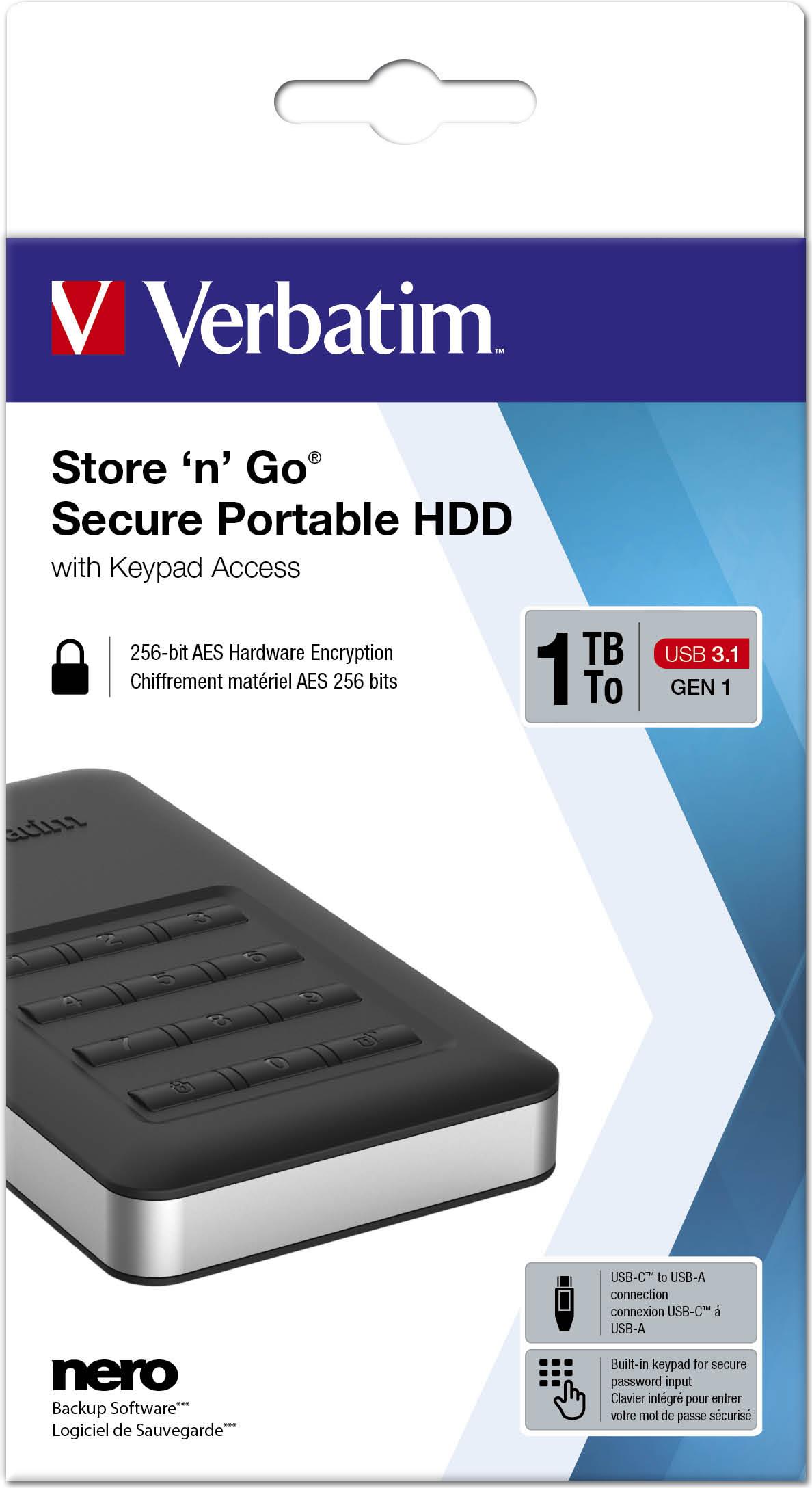 Купить Verbatim Store 'n' Go Portable - Festplatte - verschlüsselt - 1 TB - extern (tragbar) - USB 3.1 Gen 1 (USB-C Steckverbinder) - 256-Bit-AES (53401) в магазине wardena.ru
