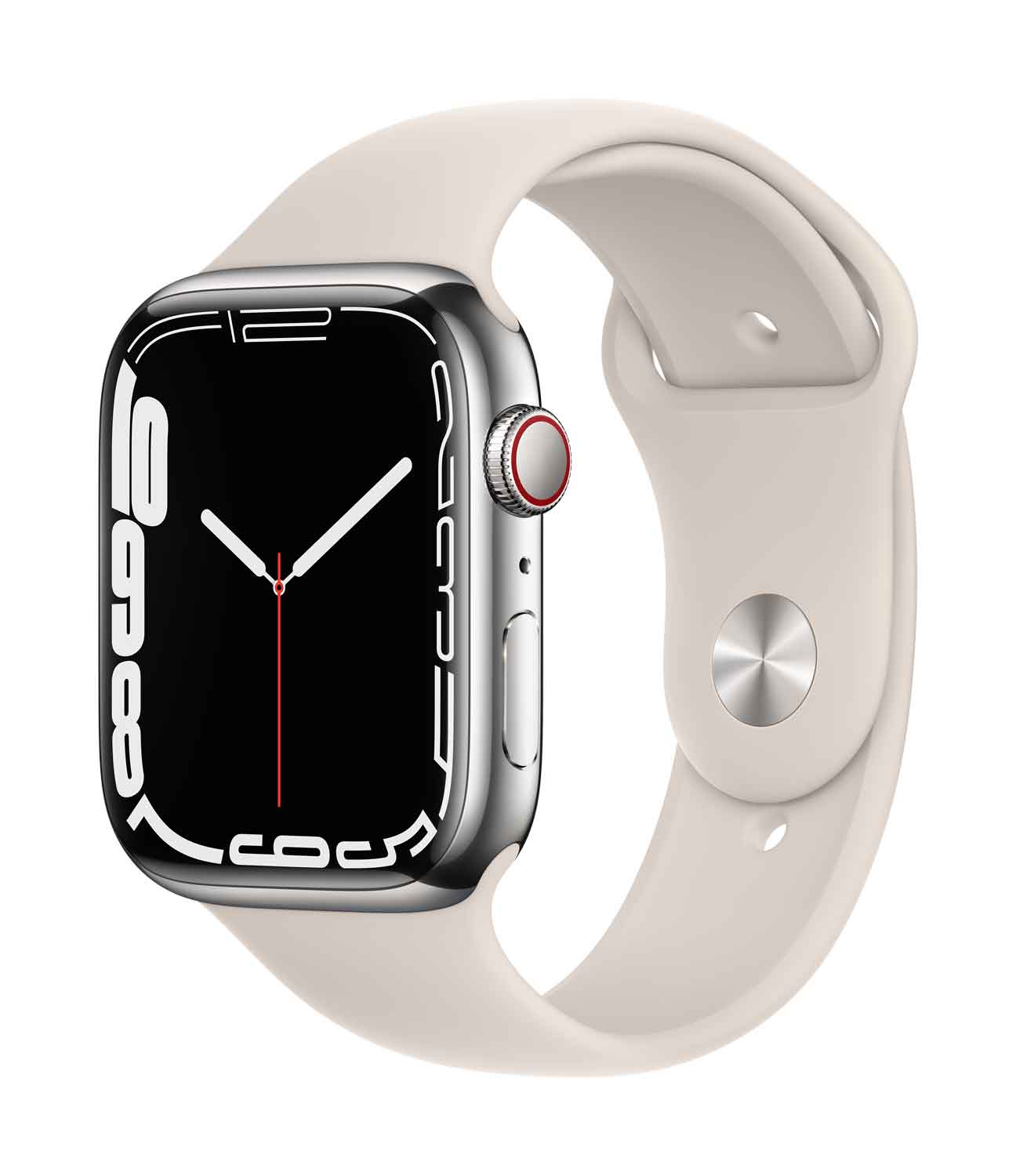 Купить Apple Watch Series 7 (GPS + Cellular) - 45 mm - Silver Edelstahl - intelligente Uhr mit Sportband - Flouroelastomer - Starlight - Bandgröße: regelmäßig - 32 GB - Wi-Fi, Bluetooth - 4G - 51.5 g (MKJV3FD/A) в магазине wardena.ru