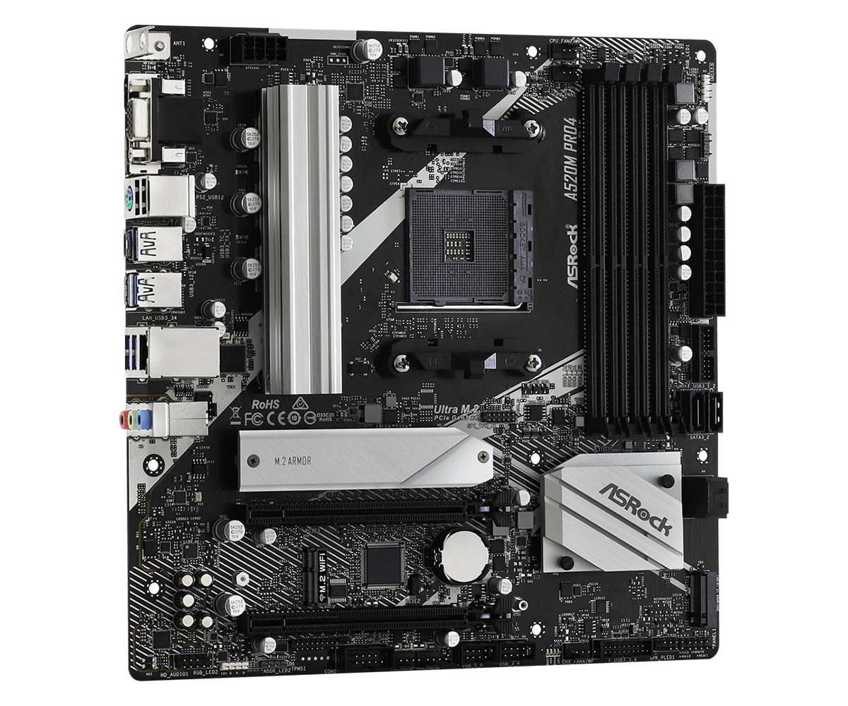 Купить ASRock A520M Pro4 - Motherboard - micro ATX - Socket AM4 - AMD A520 - USB-C Gen1, USB 3.2 Gen 1 - Gigabit LAN - Onboard-Grafik (CPU erforderlich) - HD Audio (8-Kanal) (90-MXBDU0-A0UAYZ) в магазине wardena.ru