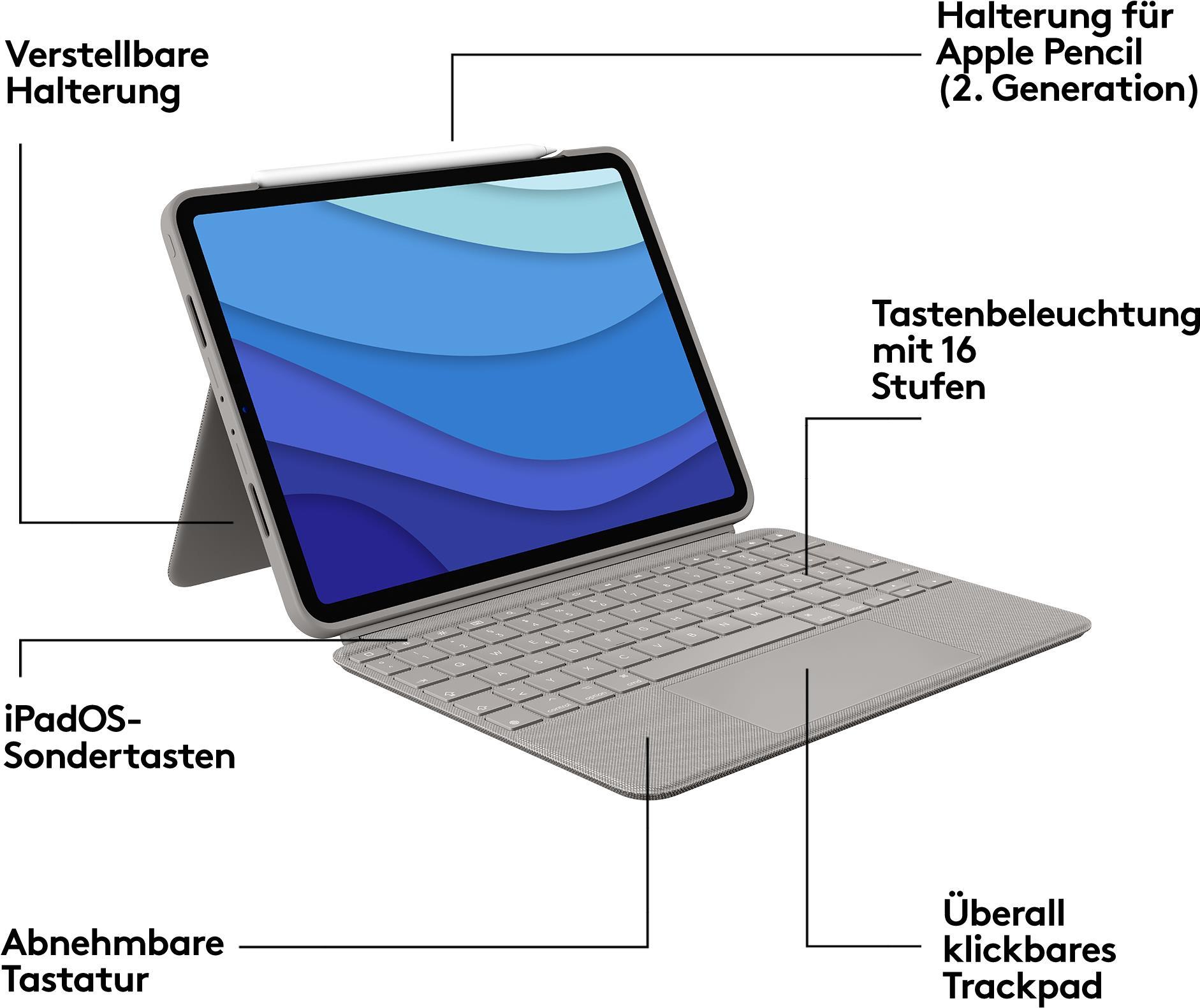 Купить Logitech Combo Touch - Tastatur und Foliohülle - mit Trackpad - hintergrundbeleuchtet - Apple Smart connector - QWERTZ - Schweiz - Sand - für Apple 27,90cm (11")  iPad Pro (1. Generation, 2. Generation, 3. Generation) (9 (920-010167) в магазине wardena.ru